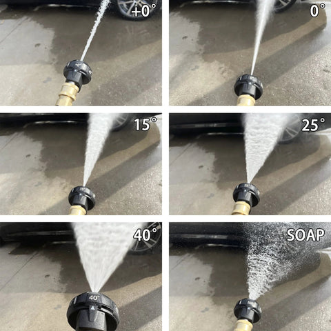JOEJET pressure washer nozzle tip, 6-in-1 with 1/4 inch quick connect; collage shows 0°, 15°, 25°, 40° spray patterns.