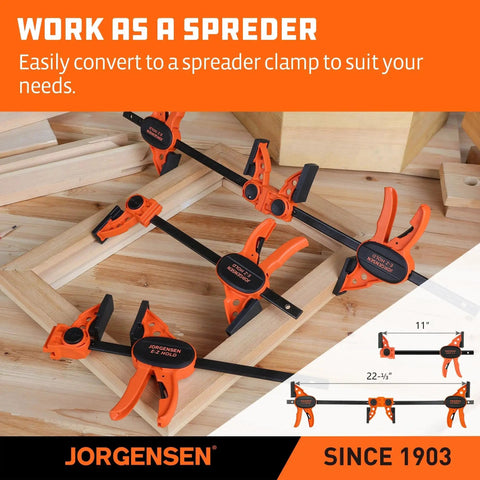 Six Inch Bar Clamps For Woodworking Four Pack With One Hand Light Duty EZ Hold Spreader Clamp 200 Lbs Capacity Versatile Easy To Use Design For Precise Positioning Quick Adjustments And Strong Glue Ups Jorgensen displayed in a spreader setup on wood frames.