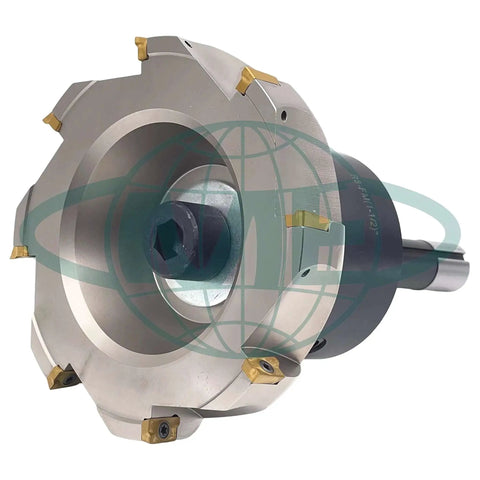 Front view of Six Inch 90 Degree Indexable Face Mill With R8 Arbor And Eight APKT1604 Inserts Included For Steel Cutting, 8 Flutes