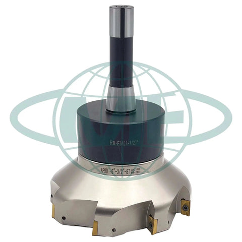 Six Inch 90 Degree Indexable Face Mill With R8 Arbor And Eight APKT1604 Inserts Included For Steel Cutting, 8 Flutes, 1.5 Inch Mounting Bore, Beefy Carbide Cutter CME