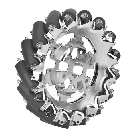 Six Inch Mecanum Wheel Assembly with metal frame and sixteen TPU rollers for true omnidirectional robot movement, side view