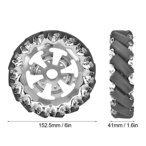 Front and side view of Six Inch Mecanum Wheel Assembly With Metal Frame And Sixteen TPU Rollers, showing dimensions