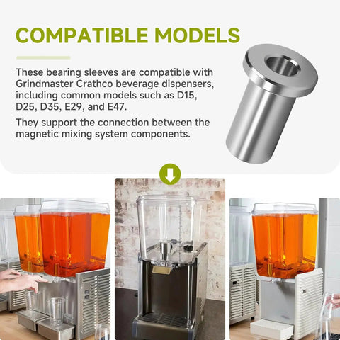 Six Pack 3220 Bearing Sleeves For Grindmaster Crathco Beverage Dispensers Fits Models D15 D25 with images of compatible models.