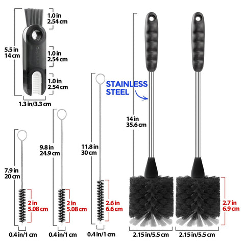 Image of Six Pack Bottle Brush Set with 14 in stainless steel handles, 3 straw brushes, and 3-in-1 multifunctional cleaner, detailed view.
