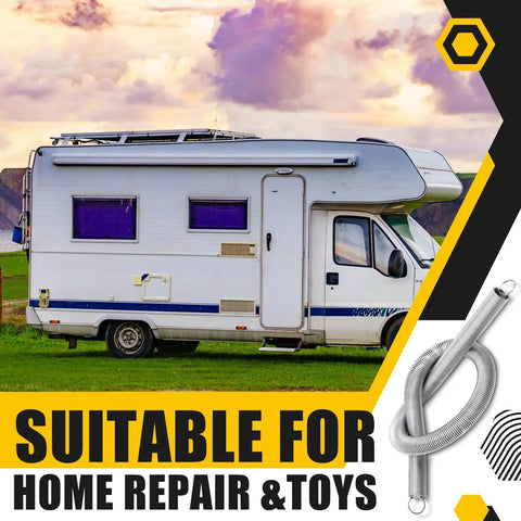Six Pack 11.8 Inch Extension Springs With Dual Hook Ends, 0.31 Inch Wire Diameter And 0.39 Inch Coil, Heavy Duty Tension Springs For Machinery Repair, Industrial Doors, Screen Springs And More next to a motorhome on a grassy field with mountains in the background.