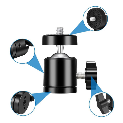 Detailed view of Six Pack Mini Universal Ball Heads with 1/4 inch thread, showcasing rotation and tilt features for cameras and mounts.