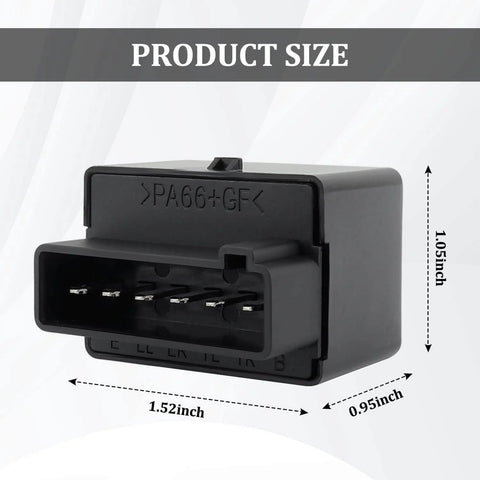 Compact six-pin LED flasher relay size illustration, 1.52 x 1.05 x 0.95 inches, labeled with PA66+GF.