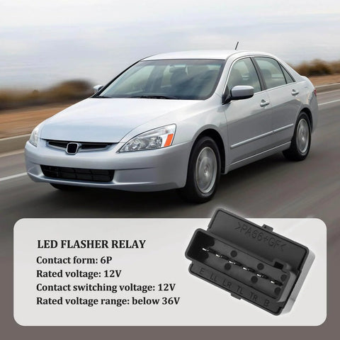 Six Pin LED Flasher Relay Replacement For Turn Signals shown with car and relay specifications