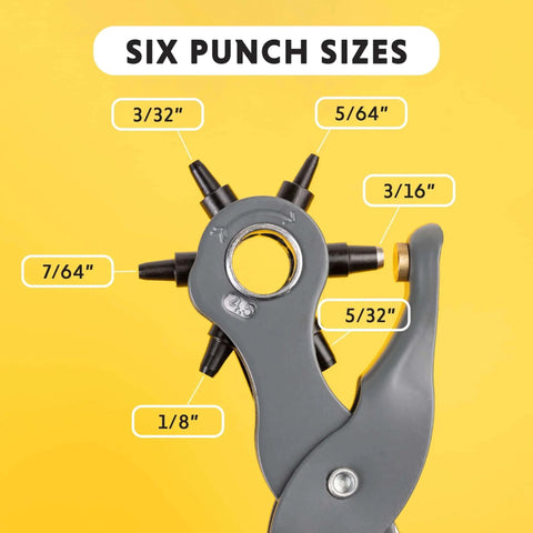 Six Size Leather Hole Punch Tool 8.5 Inch Heavy Duty Revolving Punch Pliers showing six different punch sizes on a yellow background