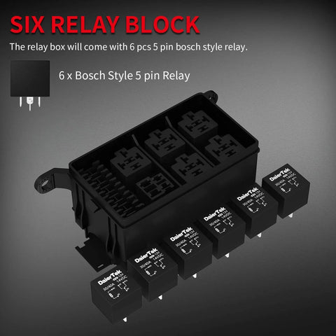 6-Slot ATC/ATO Fuse And Relay Box Kit For Truck And Boat, shown with six 5-pin Bosch style relays