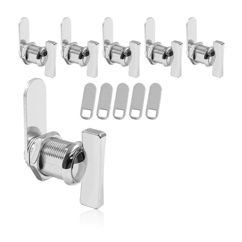 Six thumb operated cam lock sets for cabinets with a 7/8 inch body, easy to install with two mounting plates visible, displayed