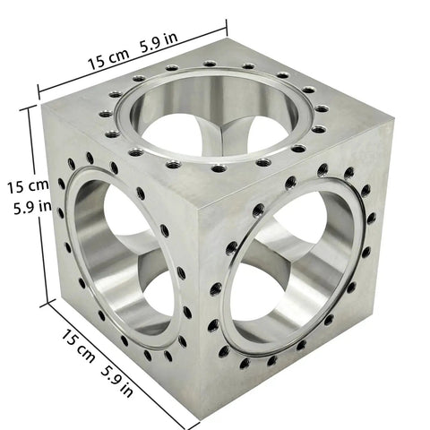 Pro Grade Six Way Vacuum Chamber Flange Cube Flange in 304 Stainless Steel with Sixteen M8 Bolt Holes and Six Channel Pipeline Connector