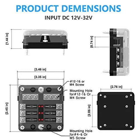 Diagram showing dimensions of Six Way 12V Fuse Box With LED Indicator Waterproof ATO ATC Fuse Block for marine and auto use.