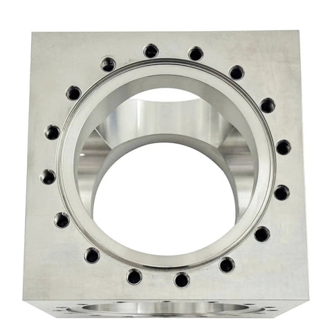 Pro Grade Six Way Vacuum Chamber Flange Cube Flange in 304 Stainless Steel with Sixteen M8 Bolt Holes and Six Channel Pipeline Connector