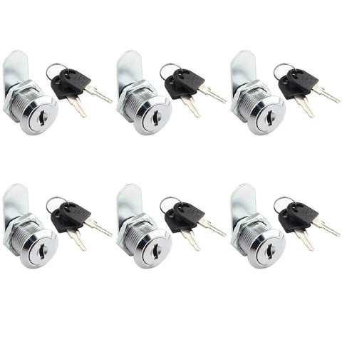 Six durable zinc alloy cam locks with 3/4 inch threads and keys provide secure, corrosion-resistant cabinet and drawer protection.