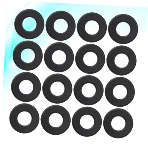Sixteen Black PVC Washers For Foosball Tables Rod Washers For Standard Foosball Machines laid out in a grid