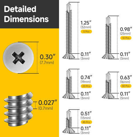 Dimensions of 110 Pieces Size 8 Flat Head Sheet Metal Screws Assortment Kit In 410 Stainless Steel With Self Tapping Design displayed