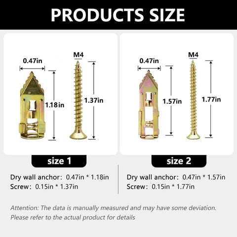 Product size chart for ✝️ Self Drilling Drywall Anchors and Screws Kit, showing measurements of two anchor and screw sizes.