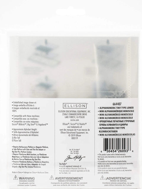 Back view of Tiny Type Lower Alphanumeric Die Set 146 Pack For Cardmaking And Scrapbooking With Sizzix Thinlits By Tim Holtz packaging