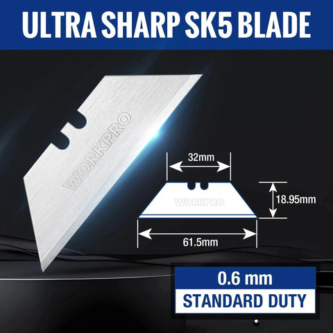 SK5 Steel Utility Knife Blades 100 Pack With Dispenser For Standard And Fixed Knives, showing measurements and sharp edges