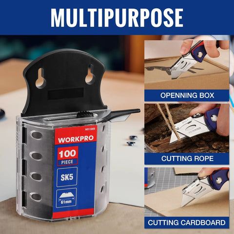 SK5 Steel Utility Knife Blades 100 Pack with Dispenser, shown cutting box, rope, and cardboard, suitable for DIY projects.