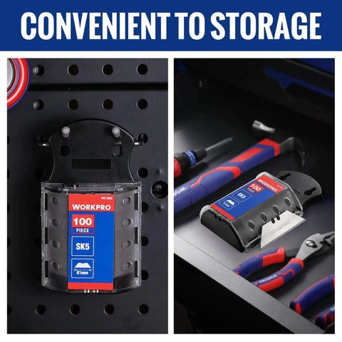 Conveniently stored SK5 Steel Utility Knife Blades 100 Pack With Dispenser, shown in a tool drawer and wall mount, for crafting and DIY.