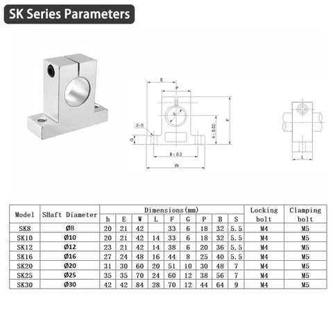 Diagram and specifications for 4PCS SK8 Aluminum Linear Shaft Rail Supports for 8mm 0.31in Rods.
