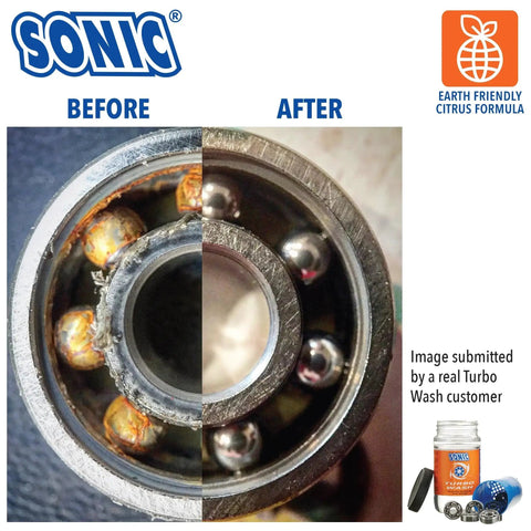 Before and after cleaning image using Complete Pro Grade Skate Bearing Cleaning Kit With 8 Oz Citrus Cleaner for skates and skateboards