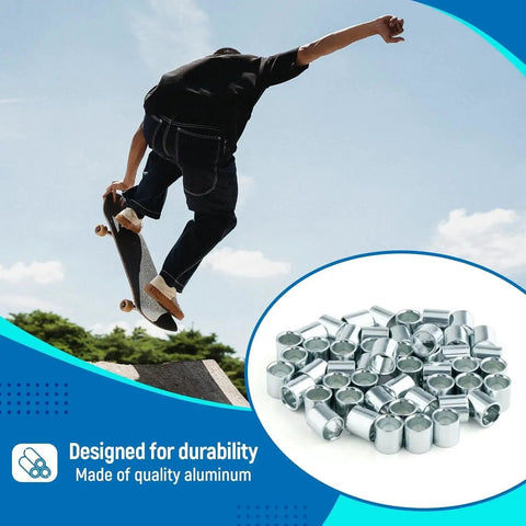Skateboarder above ramp, inset of 50 Pcs Skate Spacer Set Aluminum Wheel Bearing Spacers and Speed Rings for Skateboards and Longboards.