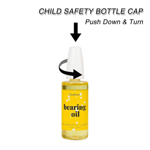 Premium 1 Ounce Skateboard Bearing Lubricant High Grade Bearing Oil with child safety cap, showing twist instructions