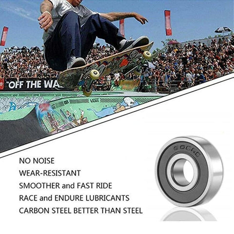 Skater performing trick with SHKI 20 Pcs 608 2RS Ball Bearings; durable, wear-resistant for smooth ride.