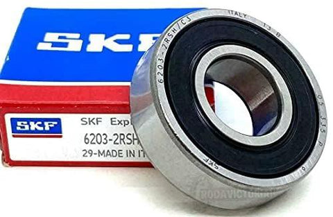 SKF 6203-2RSH C3 Deep Groove Ball Bearing 17x40x12 Mm with packaging, close-up of rubber seals.