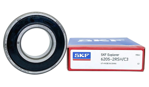 SKF 6205 2RSH C3 double rubber seal bearing next to branded box, showing 25x52x15mm size for industrial machinery use