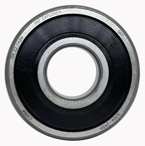 Front view of SKF 6304-2RSH Deep Groove Ball Bearing, 20x52x15mm, sealed black inner ring with metal outer ring.
