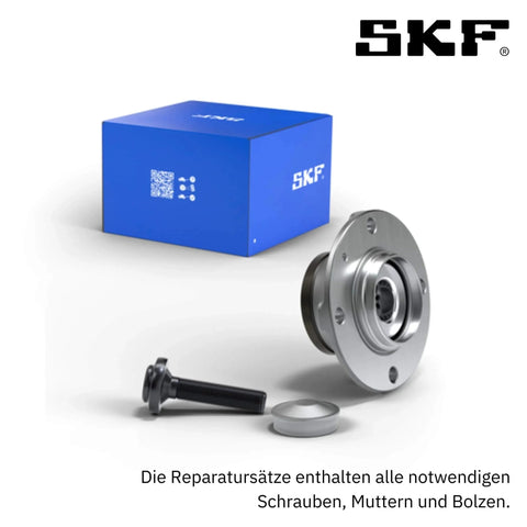 SKF VKBA 6649 Wheel Bearing Kit with box, bearing unit, bolt, and seal displayed