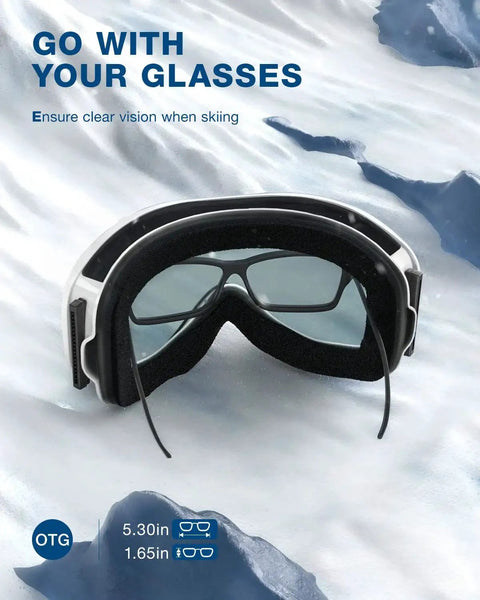 Lagopus Ski Snowboard Goggles UV Protection Anti Fog For Men Women Youth with glasses compatibility shown on snowy background