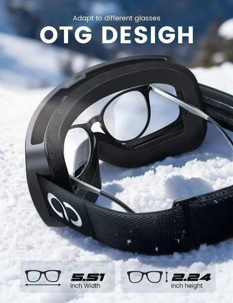 Ski Goggles With Ultra HD Lens For Clear Vision And UV Protection OTG Anti Fog, shown with OTG design over prescription glasses.