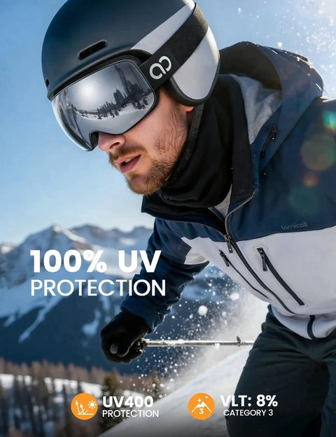 Ski Goggles With Ultra HD Lens For Clear Vision And UV Protection OTG Anti Fog worn by skier in snowy mountains, helmet visible.