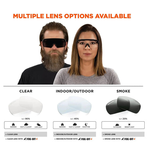 Two people wearing Skullerz Aegir Safety Glasses With Oversized Blade Style And UV Protection, showing lens options: clear, indoor/outdoor, smoke.