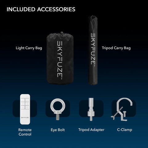Accessory set for 60W LED Balloon Light With Tripod For Outdoor Events, includes carry bags, remote control, eye bolt, tripod adapter, c-clamp.