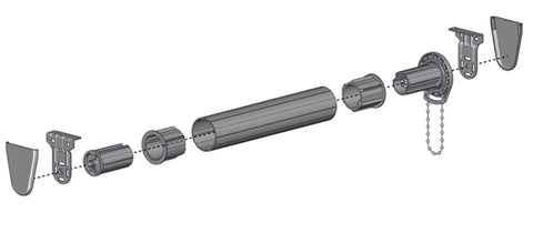 Exploded view of Skyline SL15 Roller Shade Clutch #SL15H01W for 1-1/8" tube, components and assembly layout