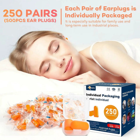 Noise Cancelling Ear Plugs For Sleep Snoring Studying Concerts And Travel Soft Comfortable Foam in a value pack of 250 pairs