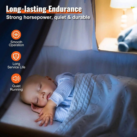 Sleeping baby under a blanket next to icons highlighting smooth operation, long service life, and quiet running.