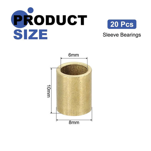 20 Pieces Sleeve Bearings 6mm Bore, 8mm OD, 10mm Length Self-Lubricating Sintered Bronze Bushings product size illustration