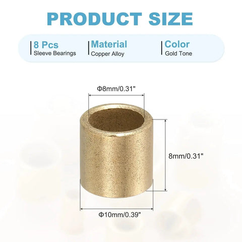Sleeve Bearings 8mm Bore 10mm Outer Diameter 8mm Length Self Lubricating Cast Brass Bushing Pack of 8 Gold Tone