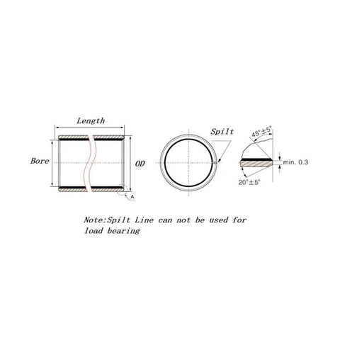 Technical diagram of 10 Pcs Sleeve Bearing 5mm Bore 7mm OD 8mm Length Oilless Wrapped Bronze Sintered Bushing, showing dimensions and split line.