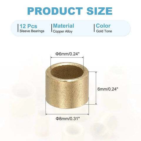 Self Lubricating Cast Brass Sleeve Bearings 6mm Bore 8mm OD 6mm Length Pack of 12 gold tone product dimensions
