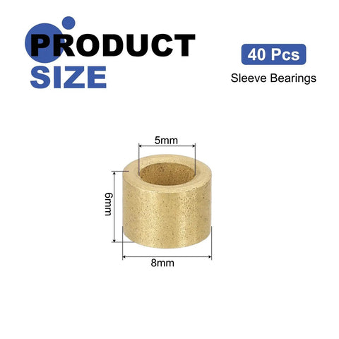 40 Pcs Sleeve Bearings 5mm Bore 8mm OD 6mm Length Self Lubricating Sintered Bronze Bushings with measurements and size info
