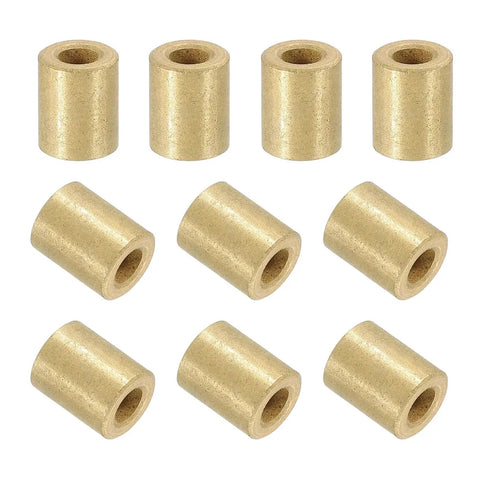 10 Pcs Sleeve Bearings 4mm Bore 8mm OD 10mm Length Self-Lubricating Sintered Bronze Bushings shown lined up, suitable for machinery.
