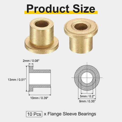 Diagram and image of 10 Pcs Flange Sleeve Bearings With 5mm Bore, 9mm OD, 10mm Length, 13mm Flange Diameter Self Lubricating Sintered Bronze Bushings For DIY Projects And Machinery